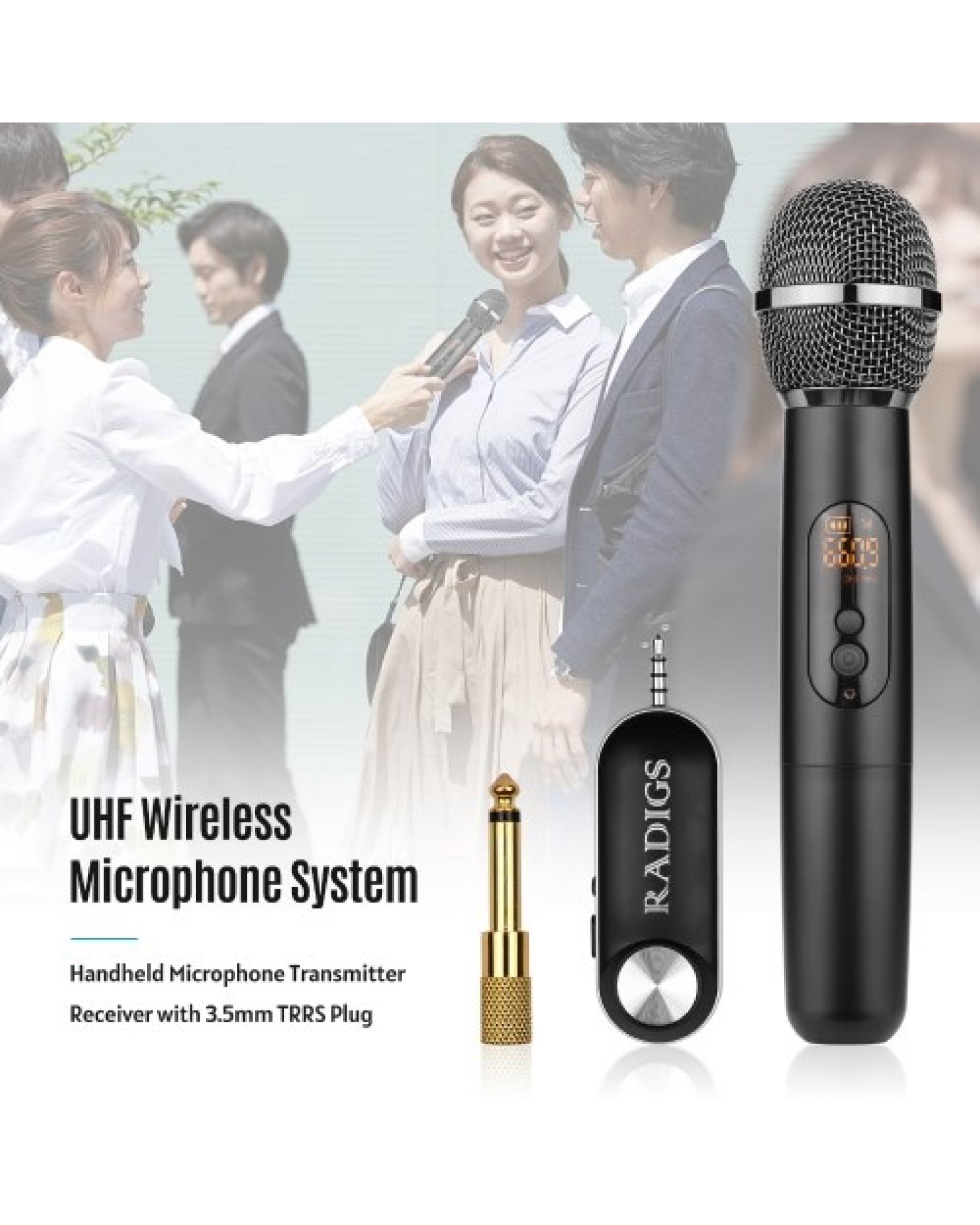 UHF Wireless Microphone System with Handheld Transmitter Receiver 500-950MHz 3.5mm Plug with 6.35mm Adapter