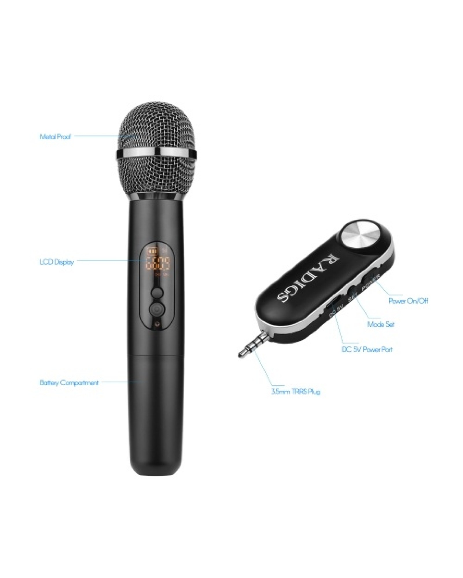 UHF Wireless Microphone System with Handheld Transmitter Receiver 500-950MHz 3.5mm Plug with 6.35mm Adapter