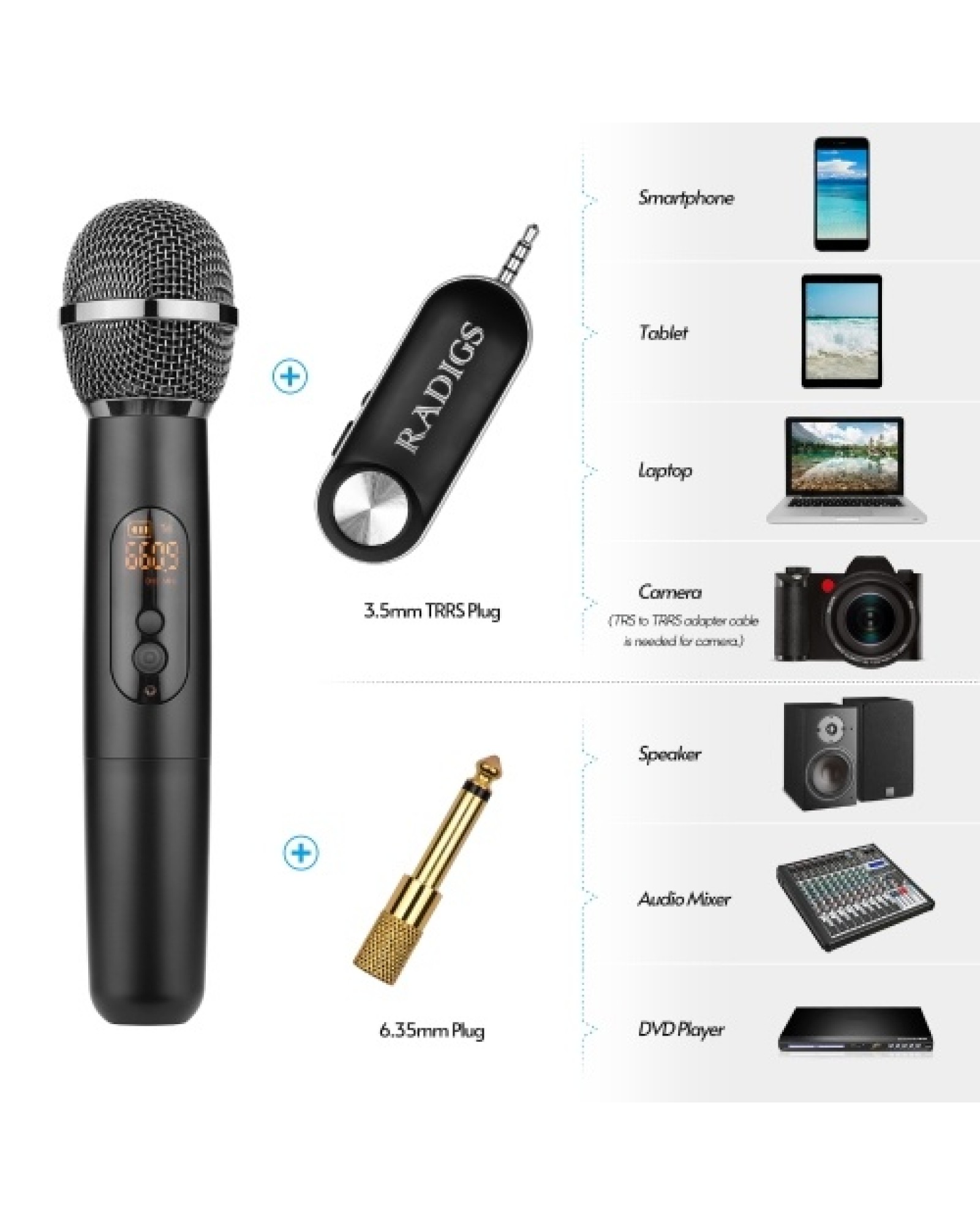 UHF Wireless Microphone System with Handheld Transmitter Receiver 500-950MHz 3.5mm Plug with 6.35mm Adapter