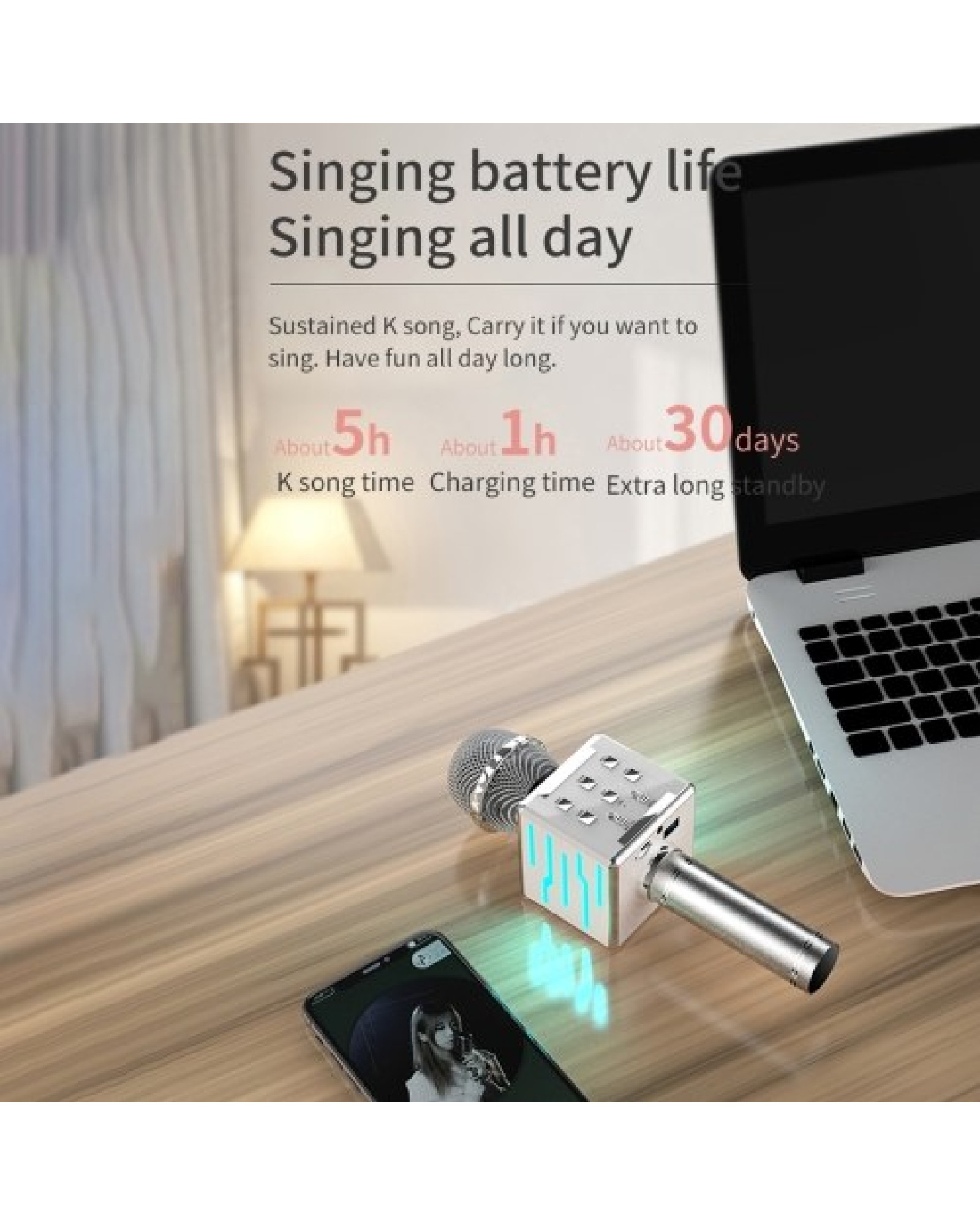 Wireless Microphone for Singing Recording LED Lights Handheld BT Microphones