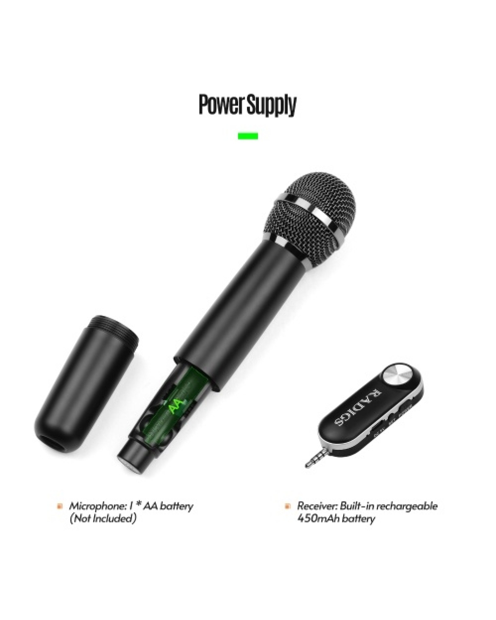 UHF Wireless Microphone System with Handheld Transmitter Receiver 500-950MHz 3.5mm Plug with 6.35mm Adapter