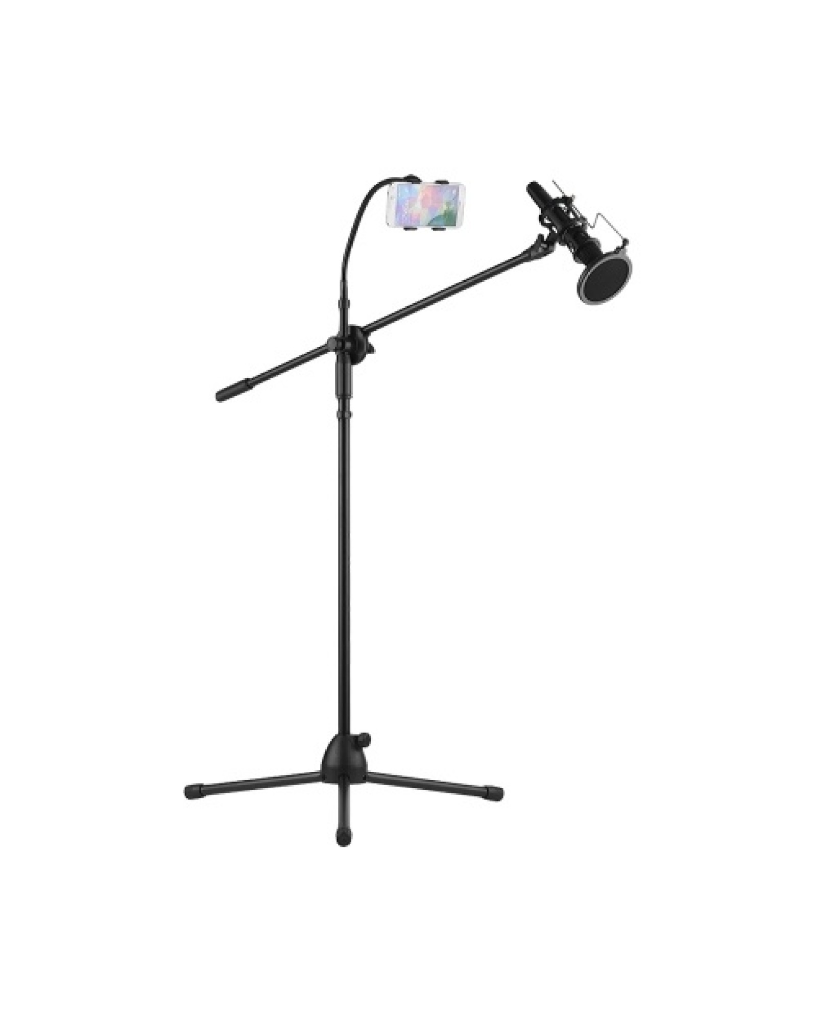 Metal Microphone Floor Stand Tripod Adjustable Height with Boom Arm 3 Mic Holders &amp; 1 Smartphone Holder for Studio Outdoor C