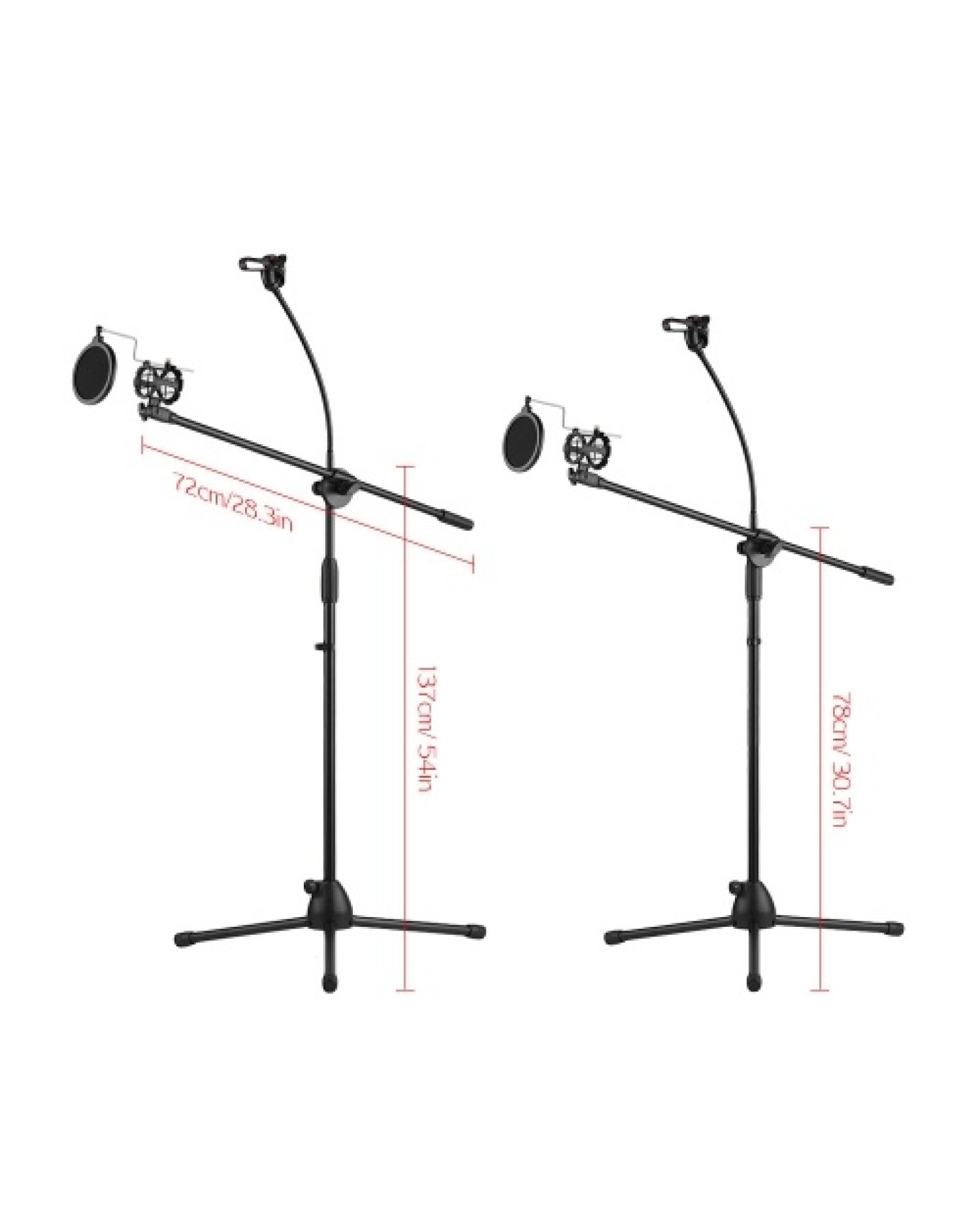 Metal Microphone Floor Stand Tripod Adjustable Height with Boom Arm 3 Mic Holders &amp; 1 Smartphone Holder for Studio Outdoor C