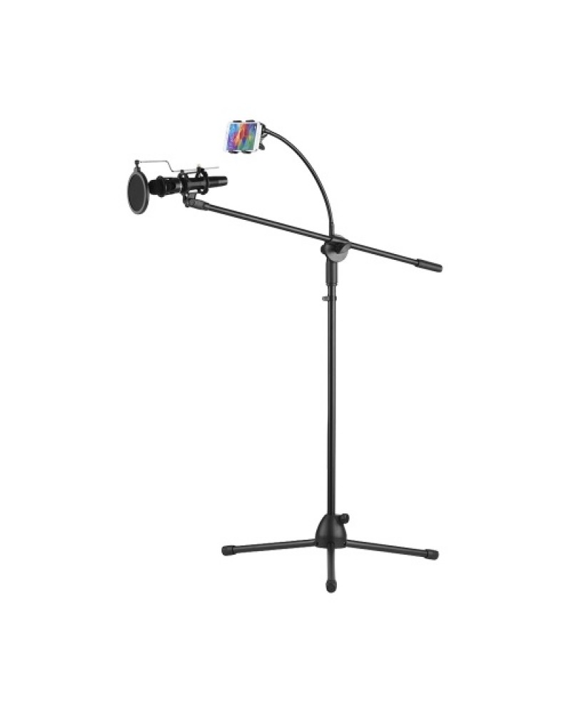 Metal Microphone Floor Stand Tripod Adjustable Height with Boom Arm 3 Mic Holders &amp; 1 Smartphone Holder for Studio Outdoor C