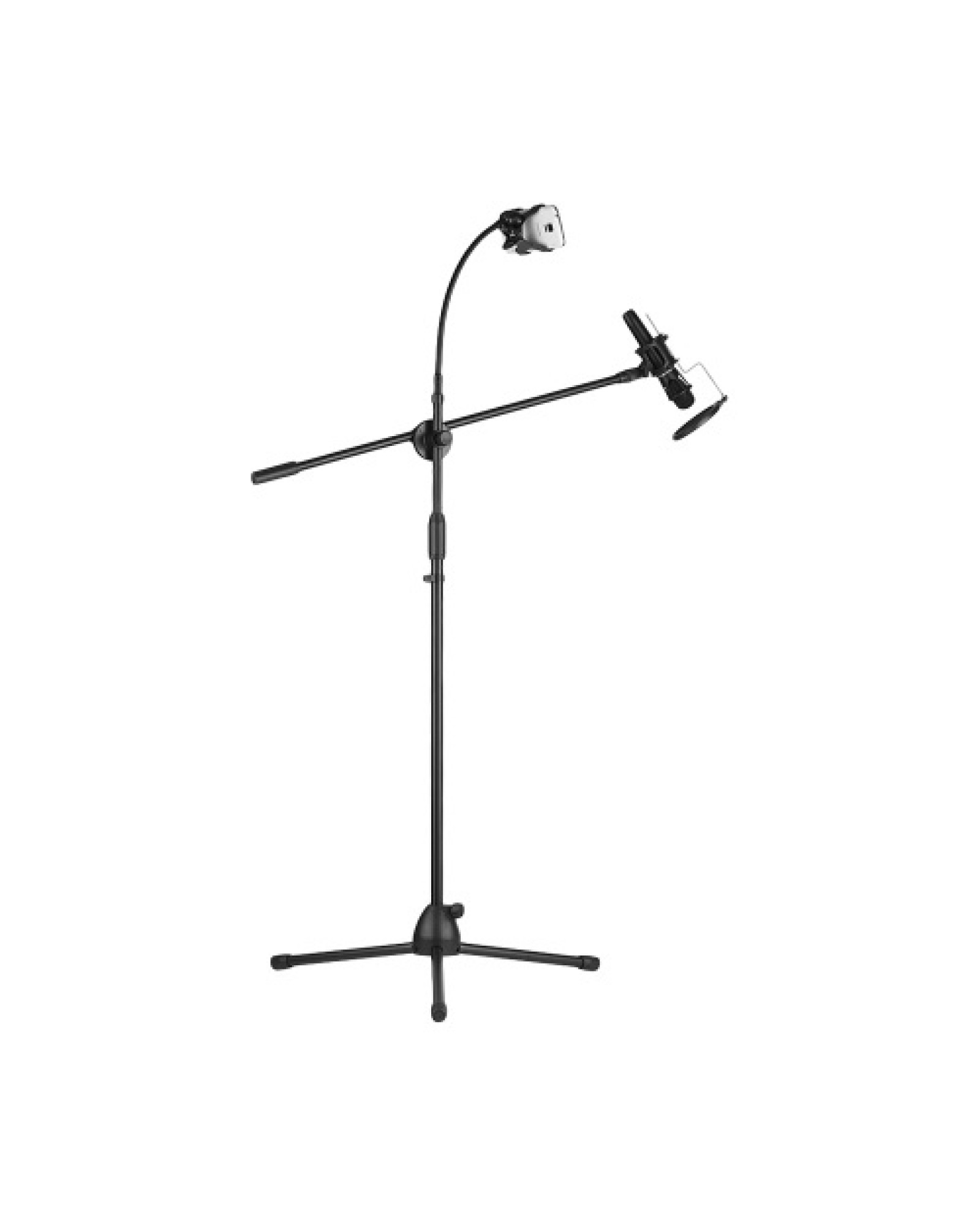 Metal Microphone Floor Stand Tripod Adjustable Height with Boom Arm 3 Mic Holders &amp; 1 Smartphone Holder for Studio Outdoor C