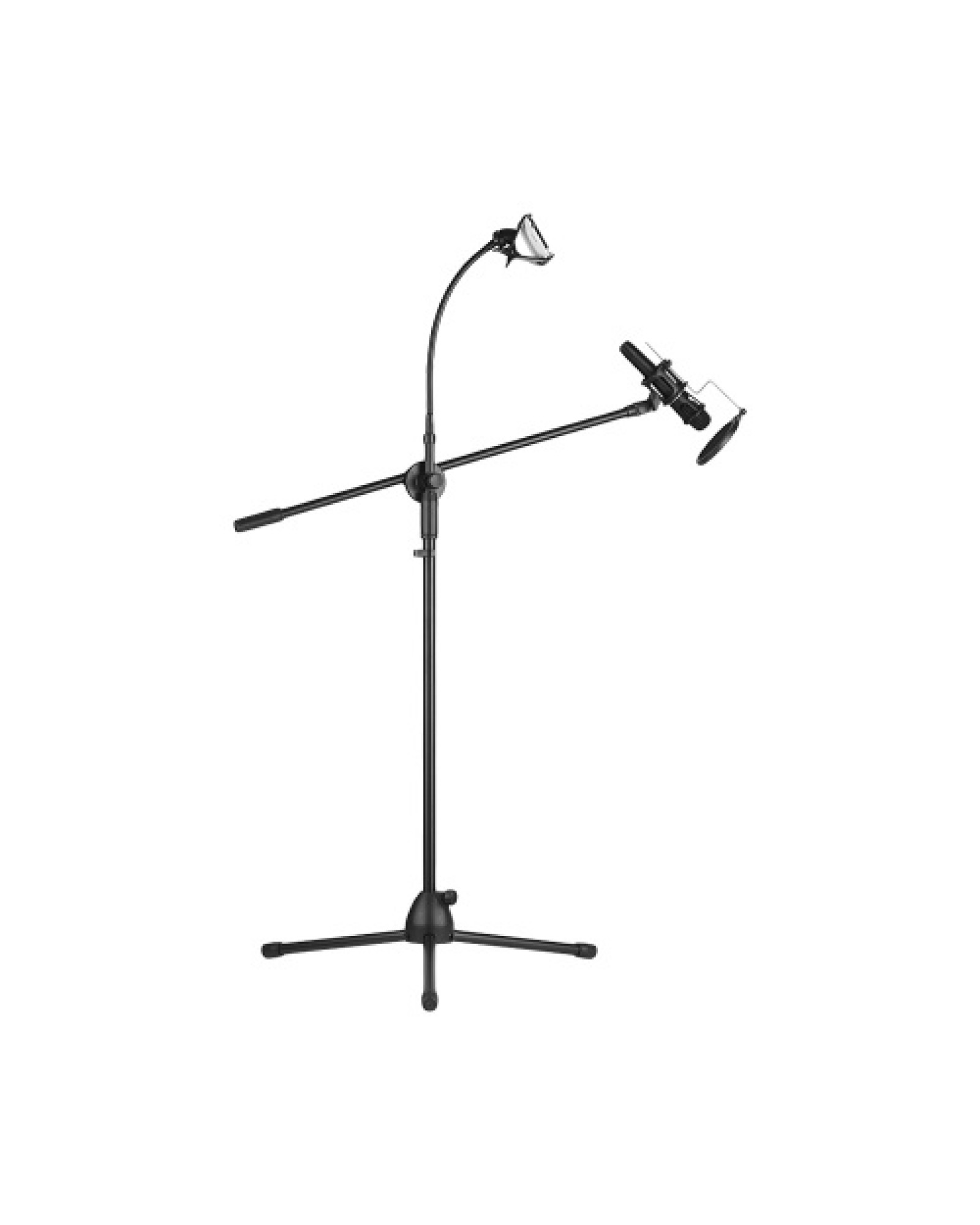 Metal Microphone Floor Stand Tripod Adjustable Height with Boom Arm 3 Mic Holders &amp; 1 Smartphone Holder for Studio Outdoor C