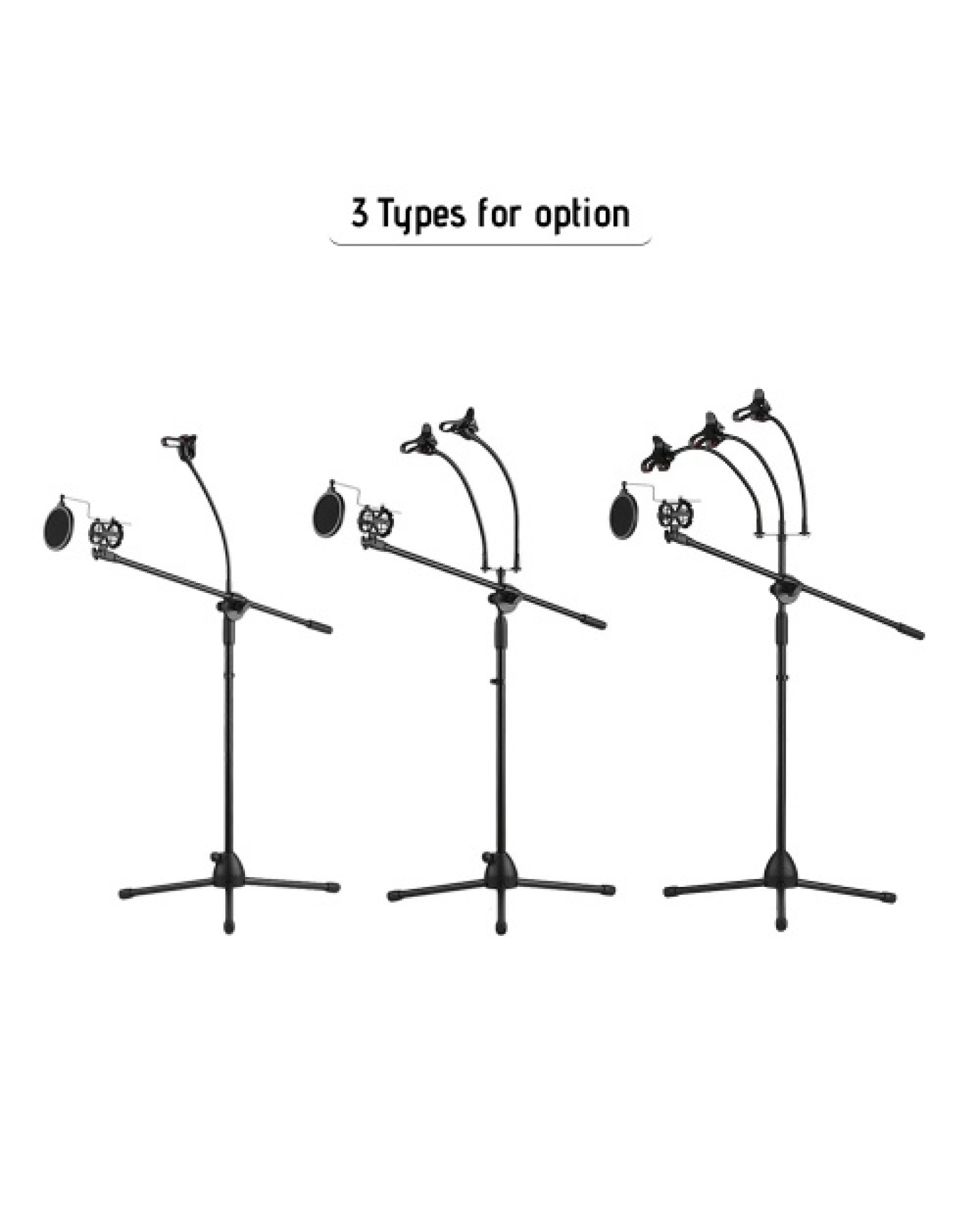 Metal Microphone Floor Stand Tripod Adjustable Height with Boom Arm 3 Mic Holders &amp; 1 Smartphone Holder for Studio Outdoor C