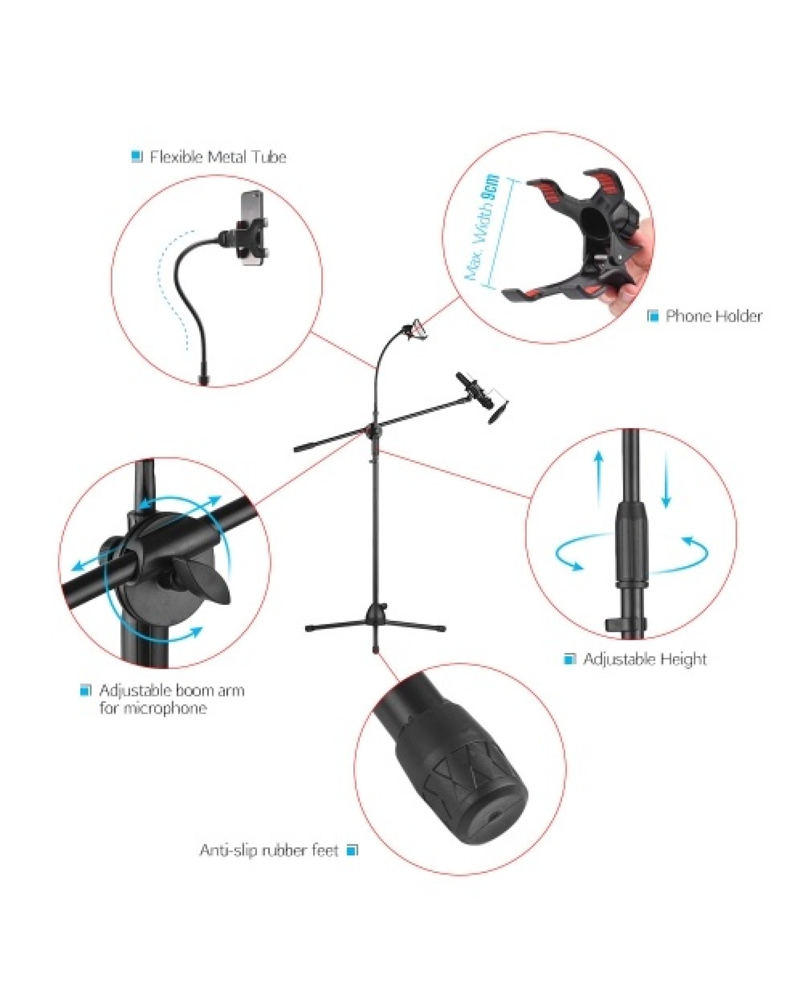 Metal Microphone Floor Stand Tripod Adjustable Height with Boom Arm 3 Mic Holders &amp; 1 Smartphone Holder for Studio Outdoor C