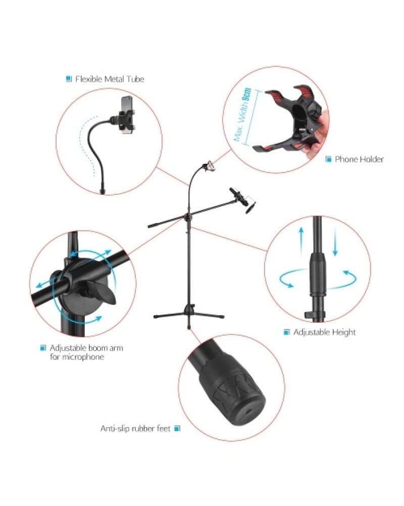 Metal Microphone Floor Stand Tripod Adjustable Height with Boom Arm 3 Mic Holders &amp; 1 Smartphone Holder for Studio Outdoor C