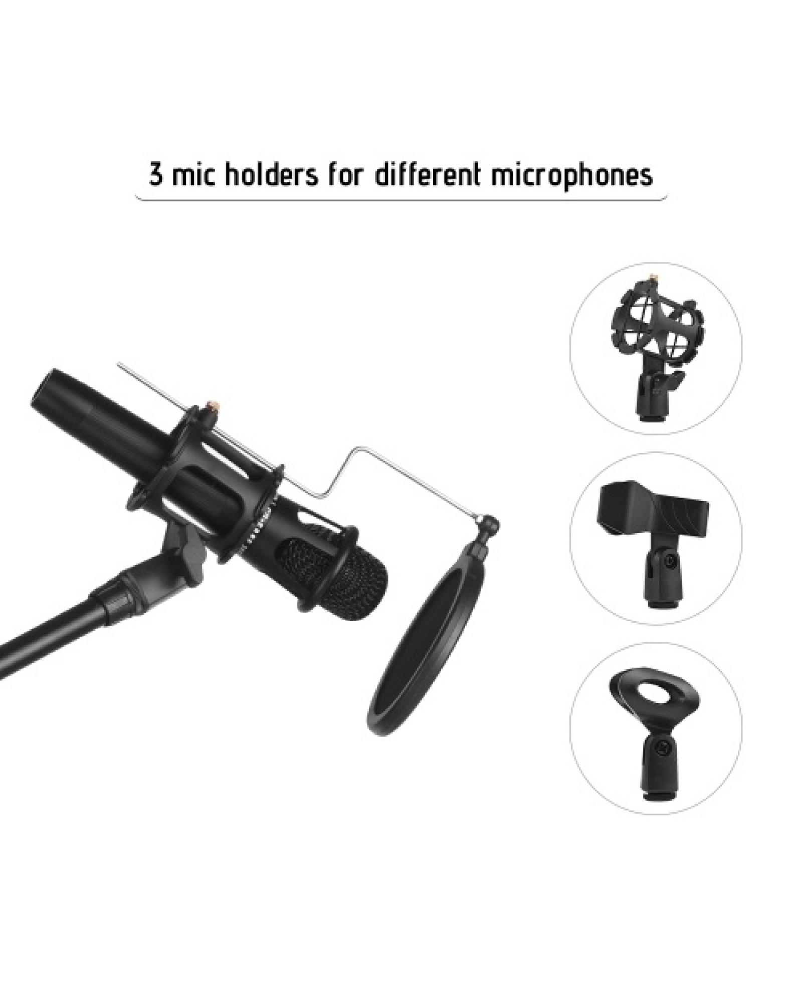 Metal Microphone Floor Stand Tripod Adjustable Height with Boom Arm 3 Mic Holders &amp; 1 Smartphone Holder for Studio Outdoor C
