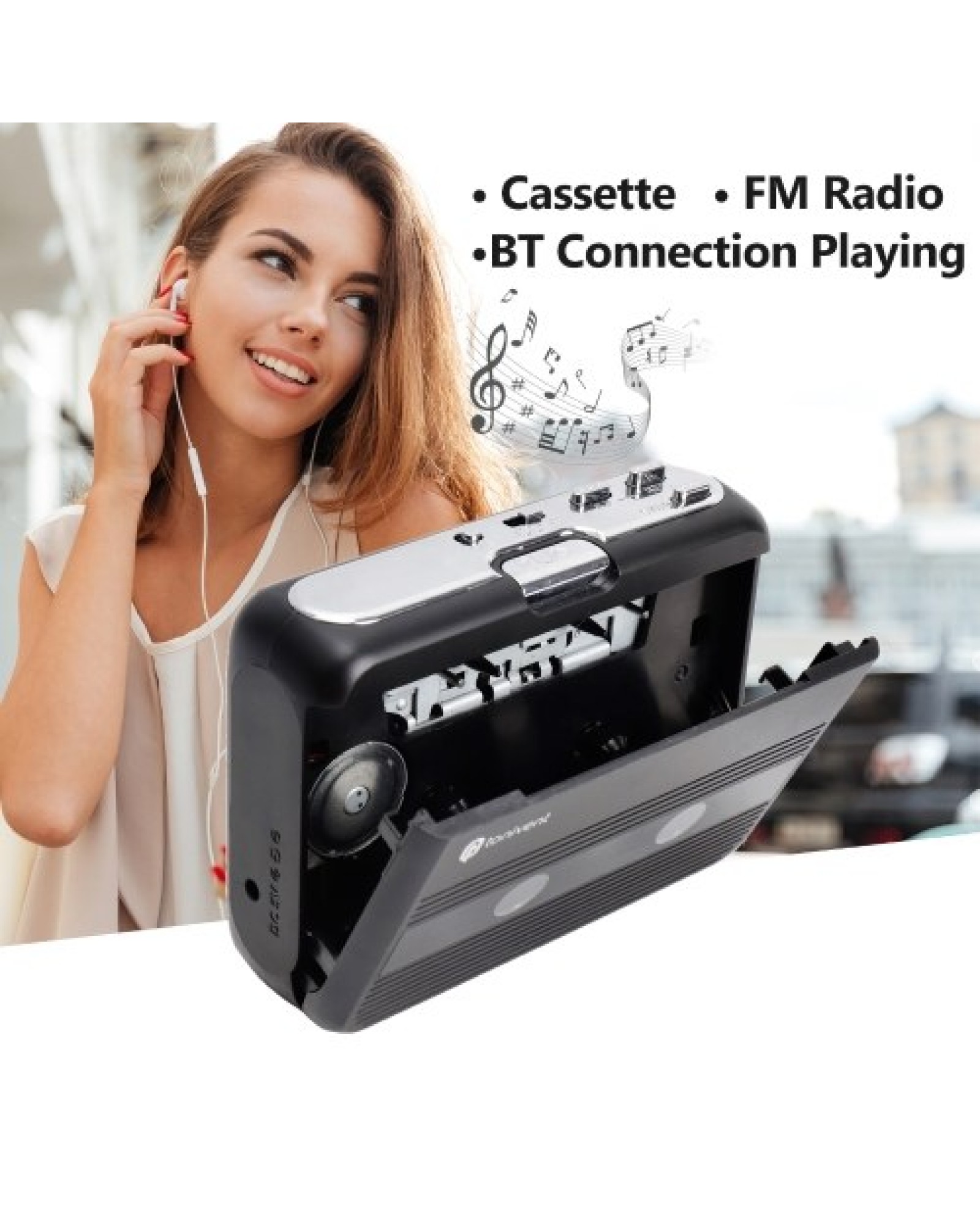 Mini Cassette Player Tape Record FM Radio with 3.5mm Headphone Jack Volume Control