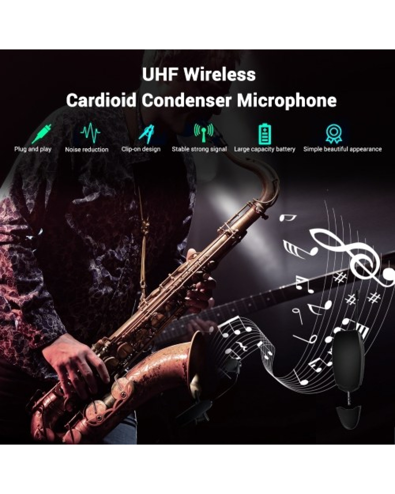UHF Wireless Cardioid Condenser Microphone Clip-on Musical Instrument Mic for Saxophone Trumpets Clarinet