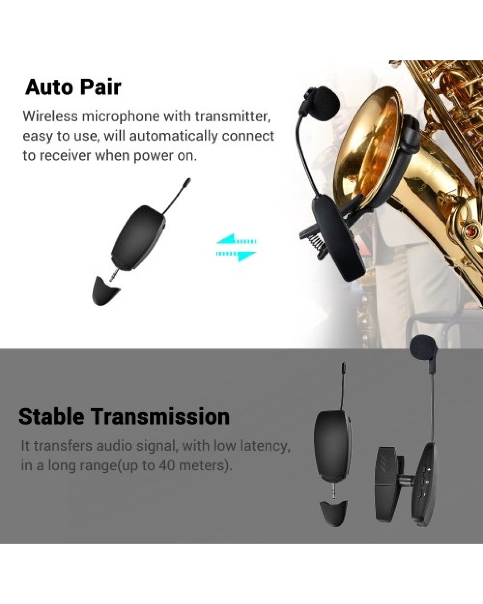 UHF Wireless Cardioid Condenser Microphone Clip-on Musical Instrument Mic for Saxophone Trumpets Clarinet