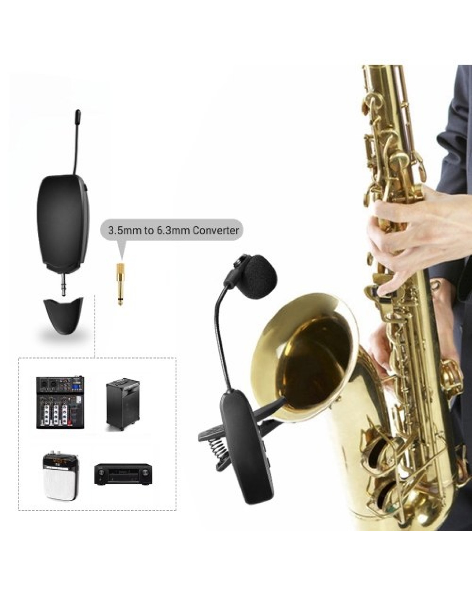 UHF Wireless Cardioid Condenser Microphone Clip-on Musical Instrument Mic for Saxophone Trumpets Clarinet