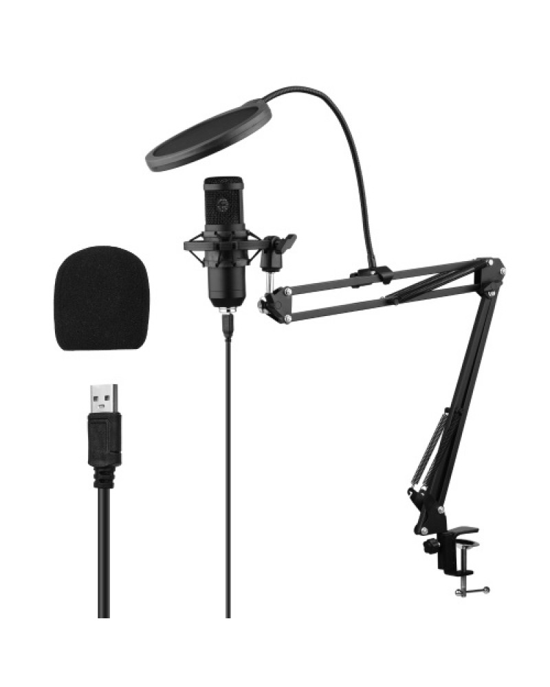 USB Condenser Microphone Set with Desk Mounting Clamp Scissor Arm Stand Pop Filter Muff Shock Mount USB Cable