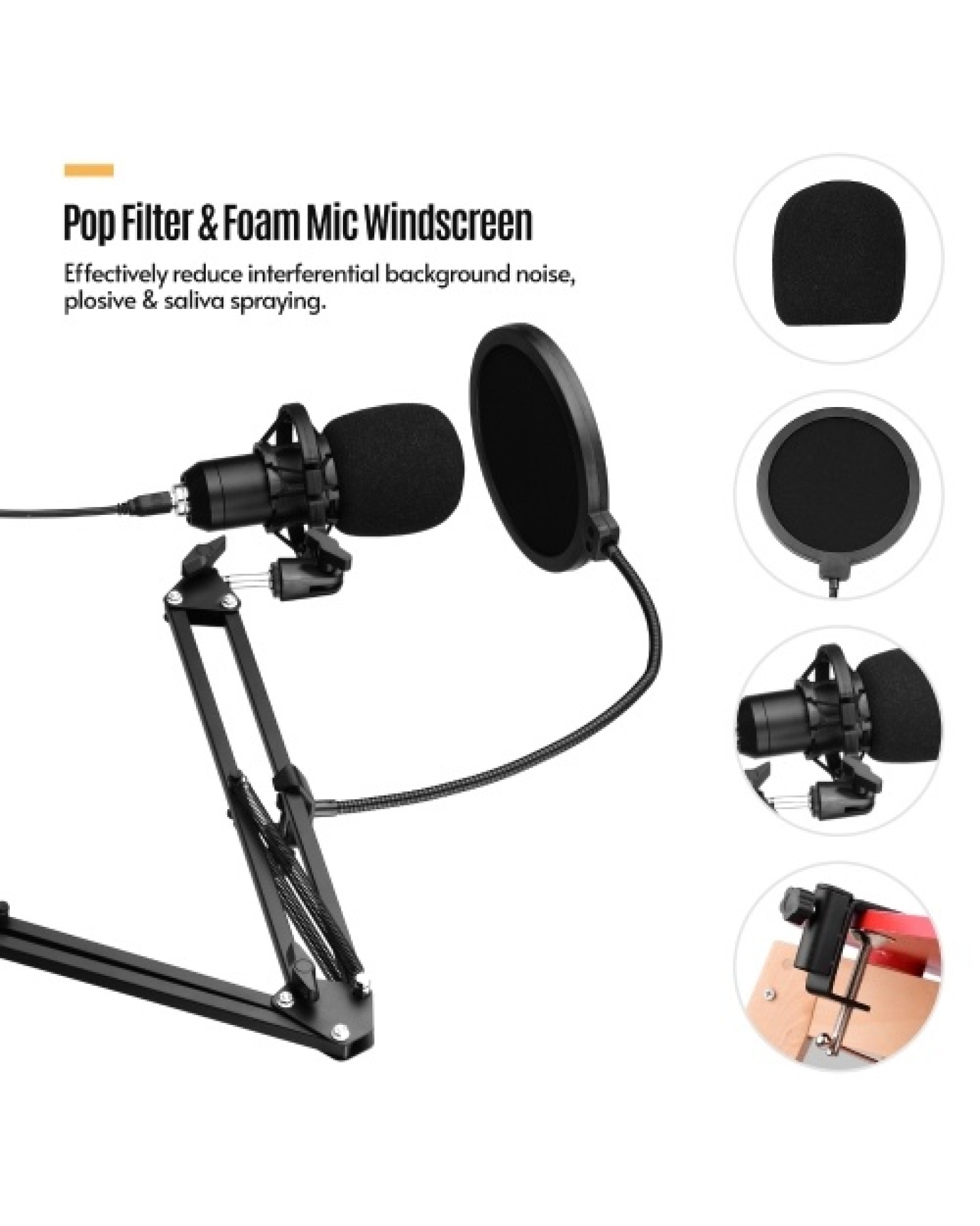 USB Condenser Microphone Set with Desk Mounting Clamp Scissor Arm Stand Pop Filter Muff Shock Mount USB Cable