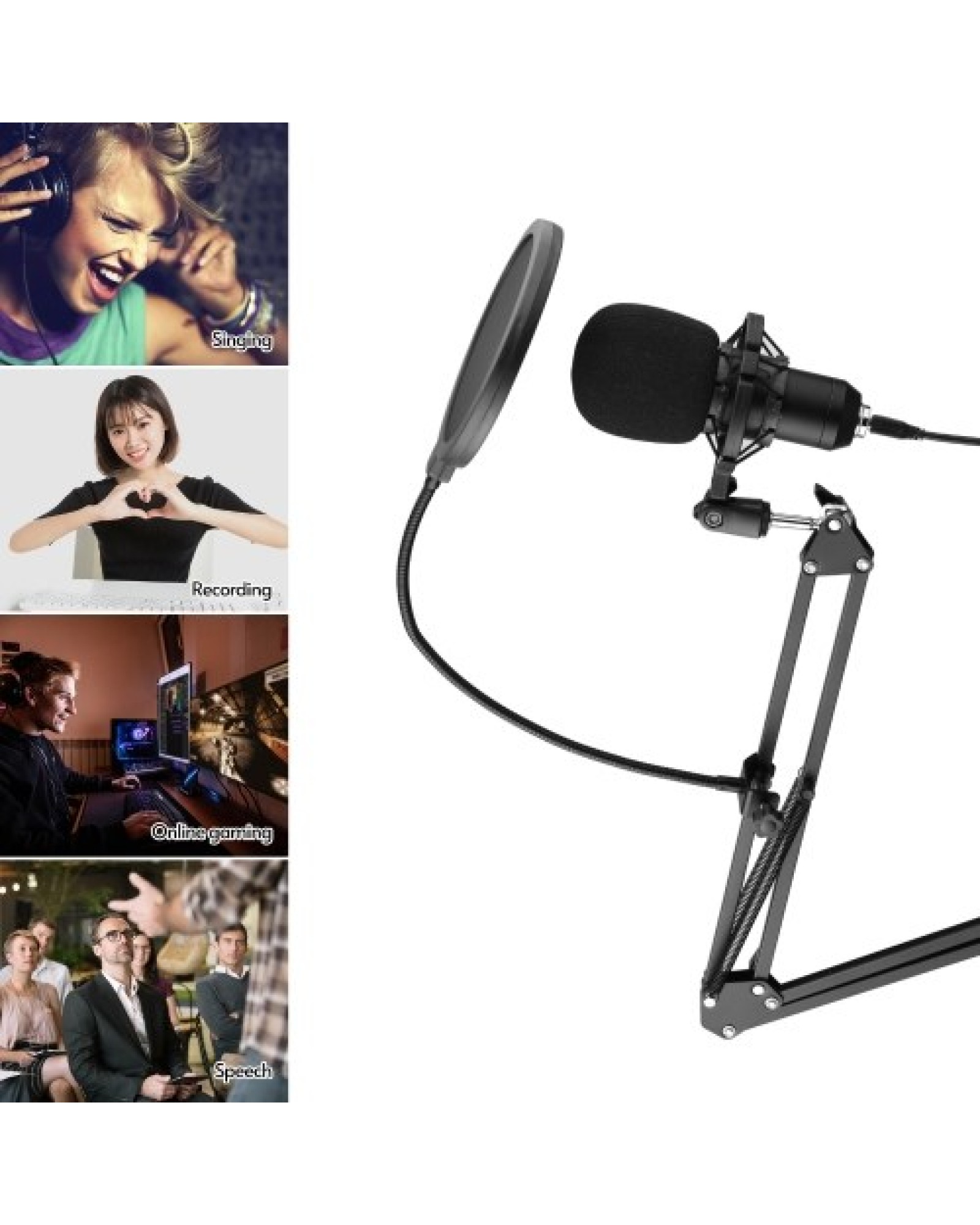 USB Condenser Microphone Set with Desk Mounting Clamp Scissor Arm Stand Pop Filter Muff Shock Mount USB Cable