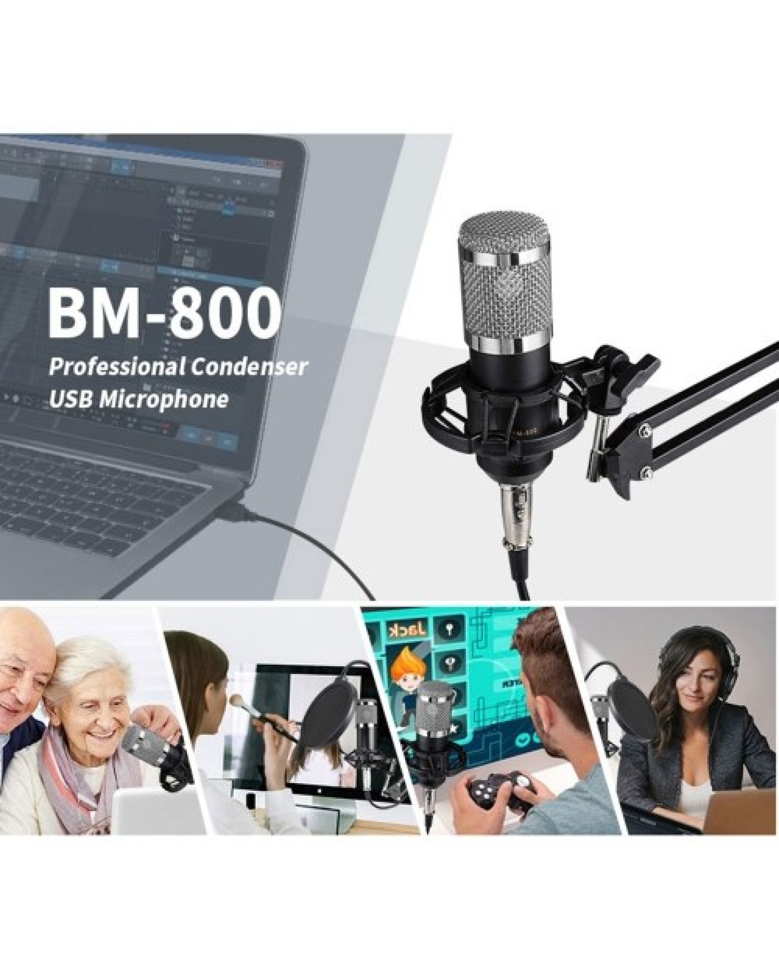 BM800 Professional Condenser Microphone Podcast Live Broadcast Equipment USB MIC Microfone Set Studio Mic with Arm Stand Music R