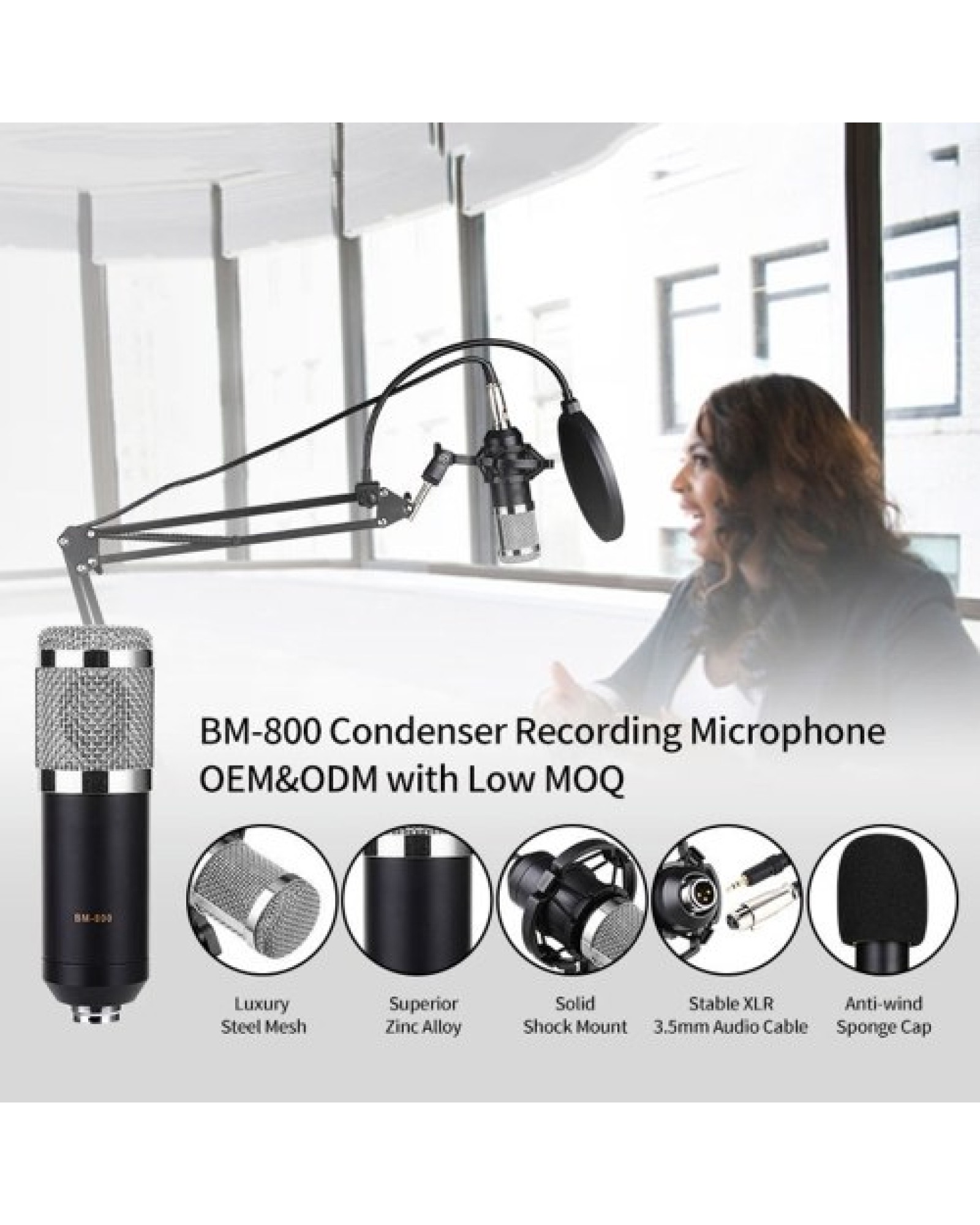 BM800 Professional Condenser Microphone Podcast Live Broadcast Equipment USB MIC Microfone Set Studio Mic with Arm Stand Music R