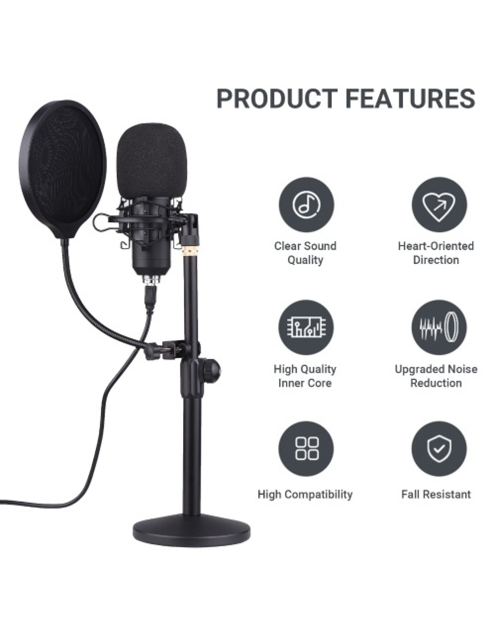 Professional Desktop USB Condenser Microphone with Flat Head High Sampling Rate Monitoring Function Plug-And-Play Capacitor Mic 