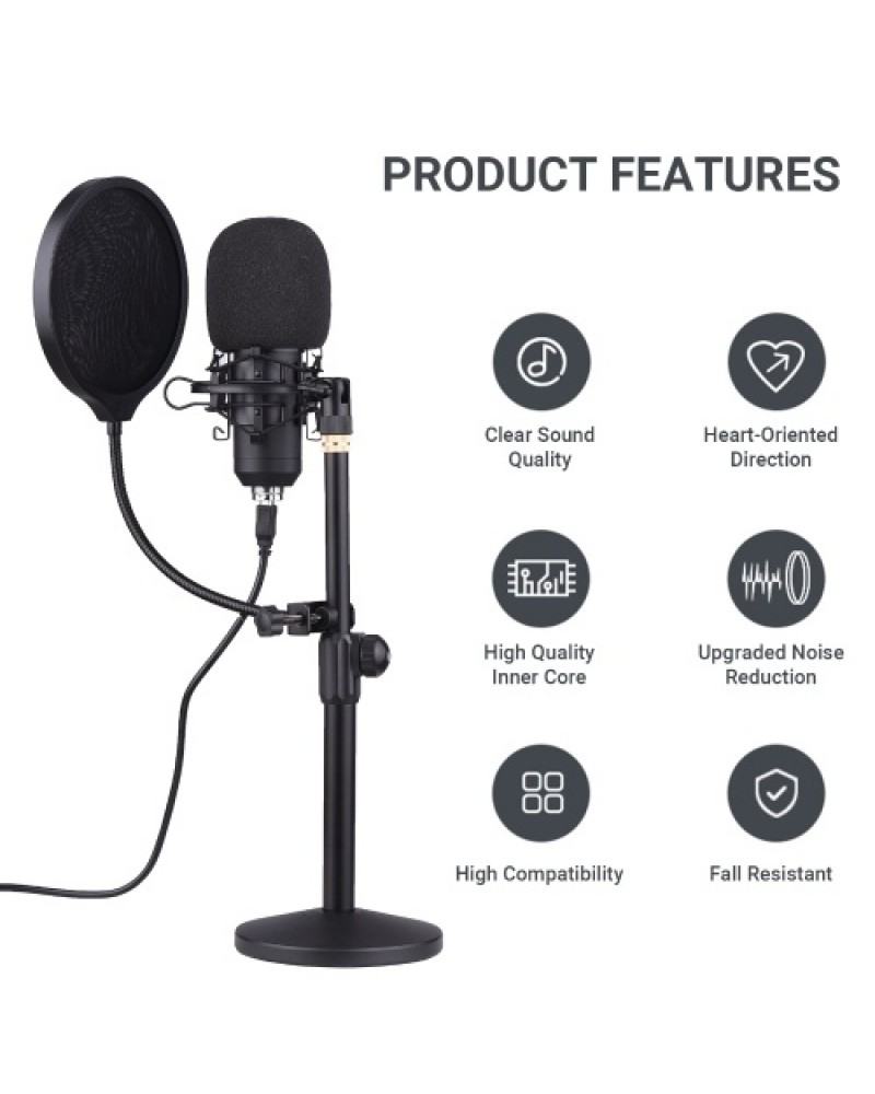 Professional Desktop USB Condenser Microphone with Flat Head High Sampling Rate Monitoring Function Plug-And-Play Capacitor Mic 