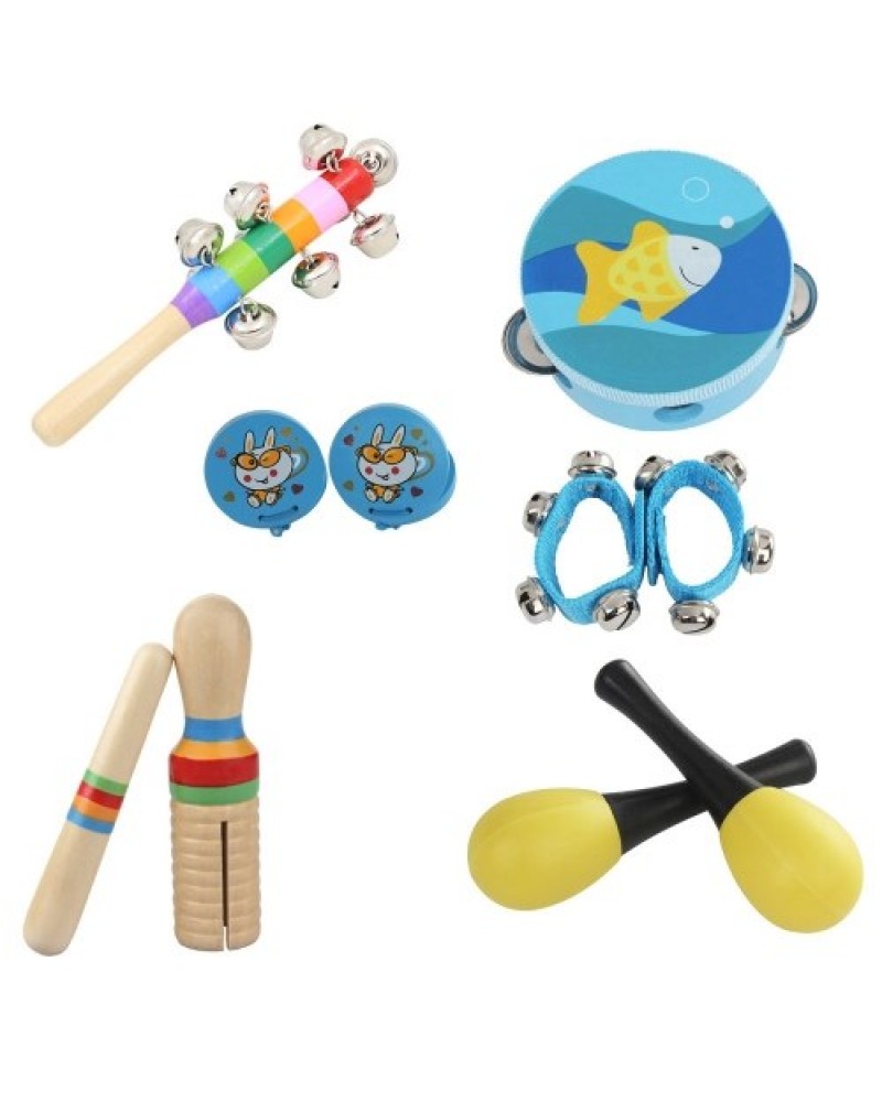 10pcs/set Musical Toys Percussion Instruments Band Rhythm Kit Including Tambourine Maracas Castanets Handbells Wooden Guiro for 