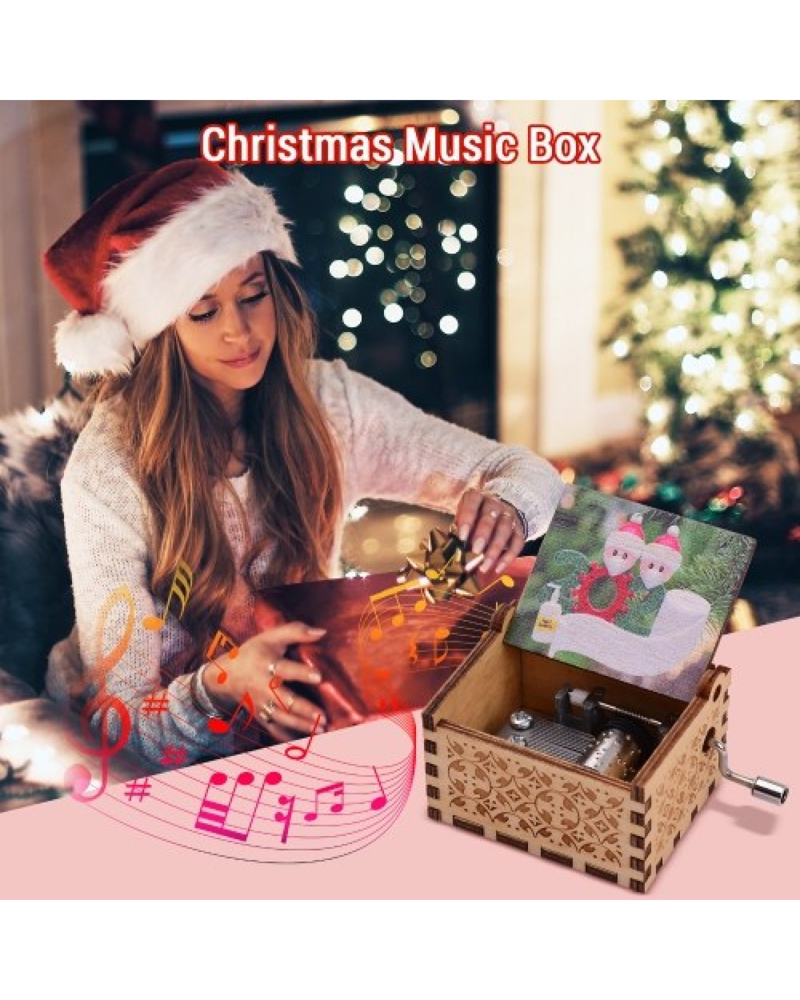 Mini Wooden Hand Crank Music Box with Vintage Engraved Patterns