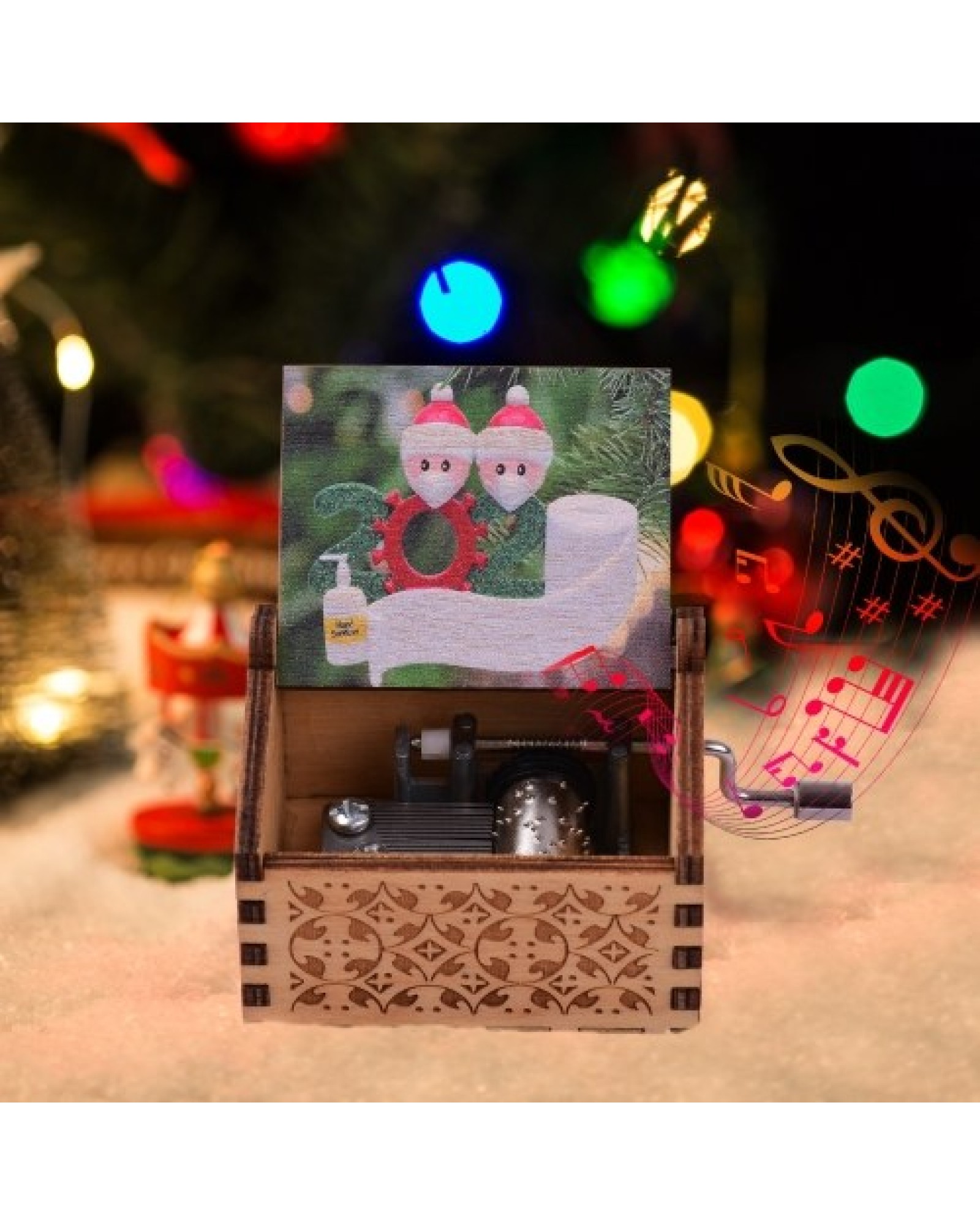 Mini Wooden Hand Crank Music Box with Vintage Engraved Patterns