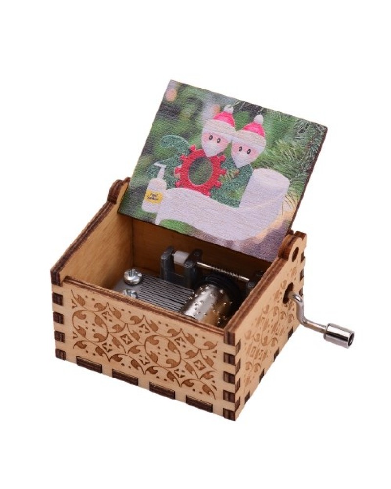 Mini Wooden Hand Crank Music Box with Vintage Engraved Patterns