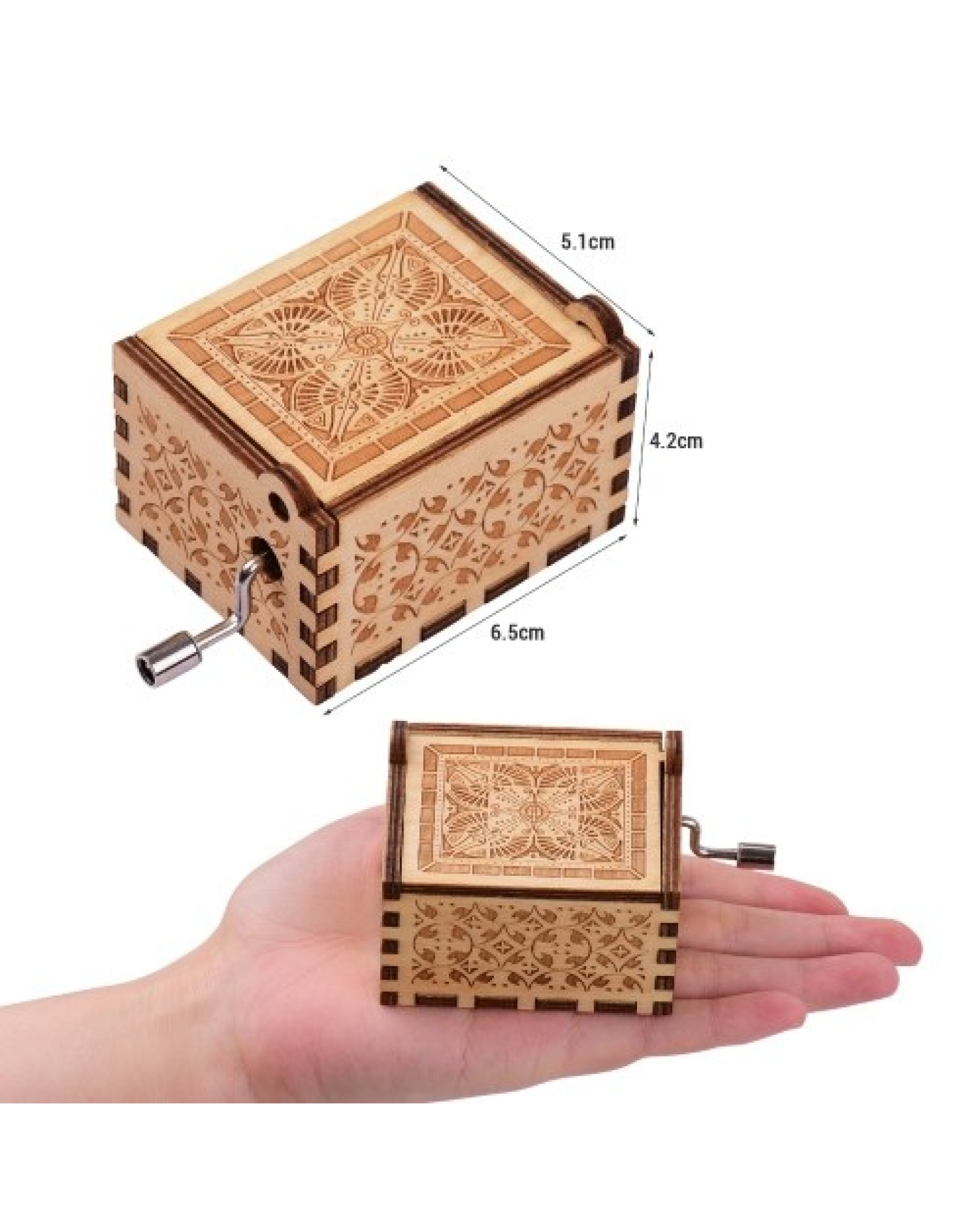 Mini Wooden Hand Crank Music Box with Vintage Engraved Patterns