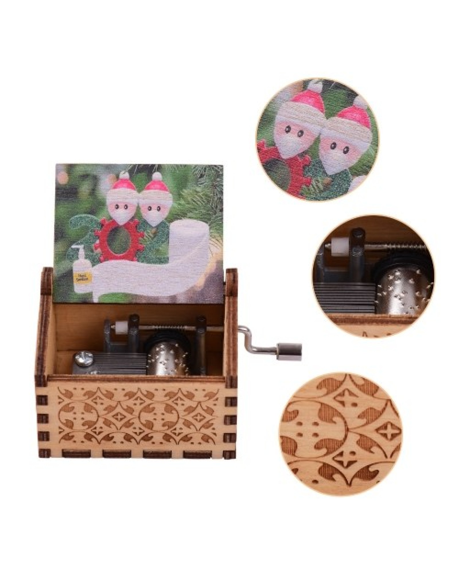 Mini Wooden Hand Crank Music Box with Vintage Engraved Patterns
