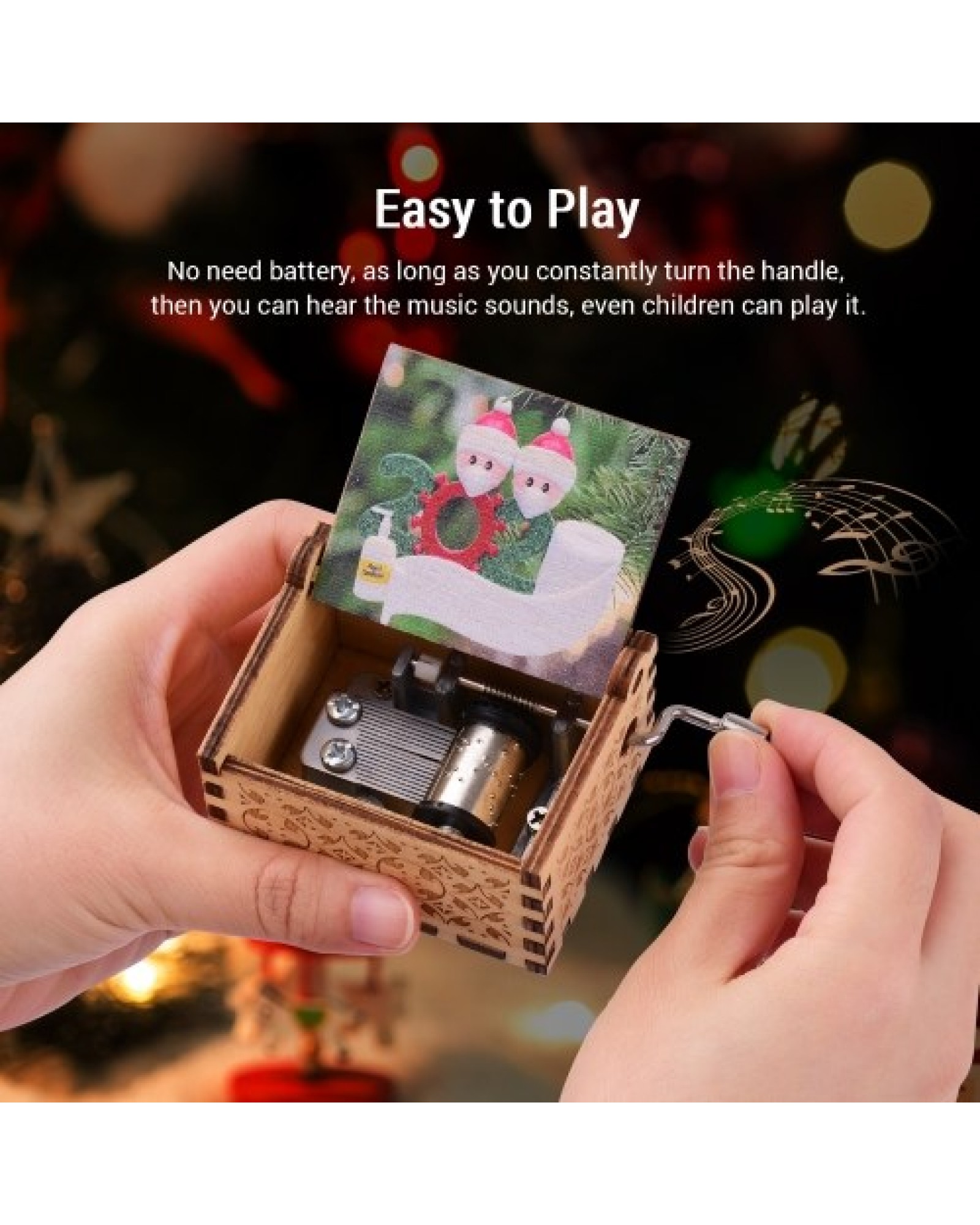 Mini Wooden Hand Crank Music Box with Vintage Engraved Patterns