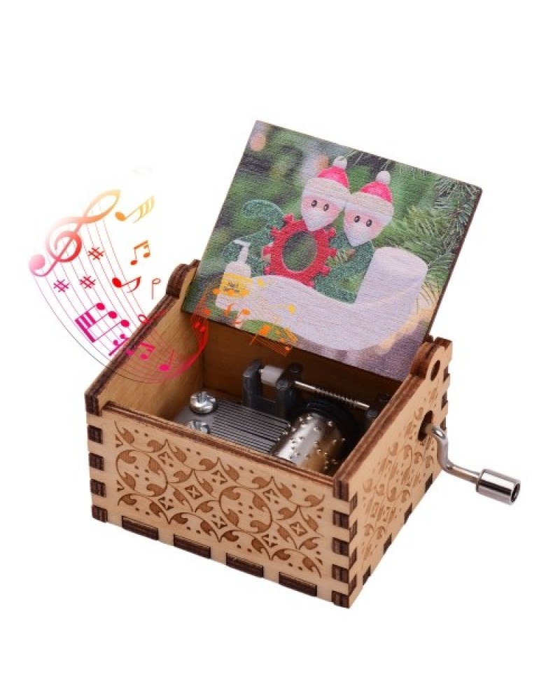 Mini Wooden Hand Crank Music Box with Vintage Engraved Patterns