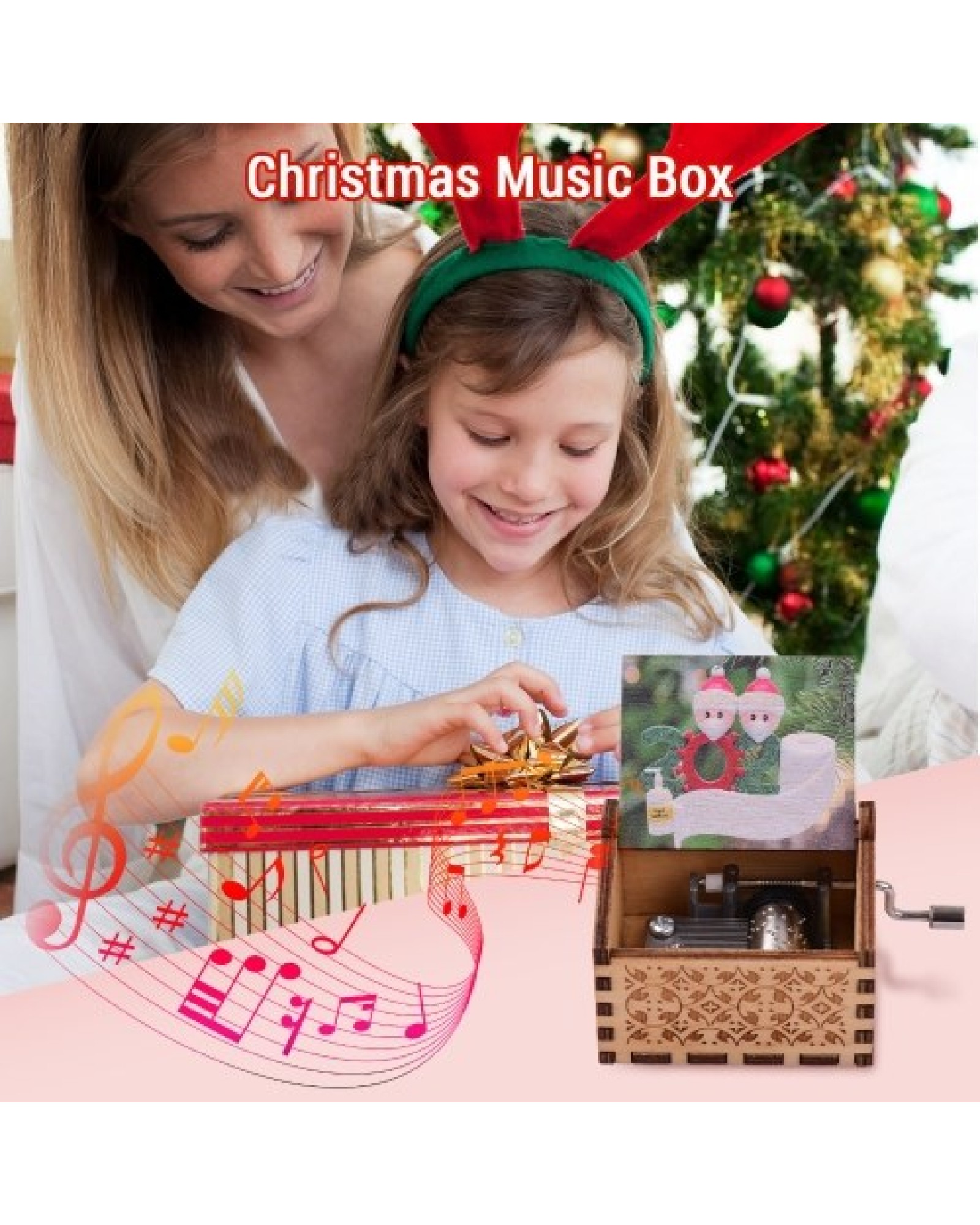 Mini Wooden Hand Crank Music Box with Vintage Engraved Patterns