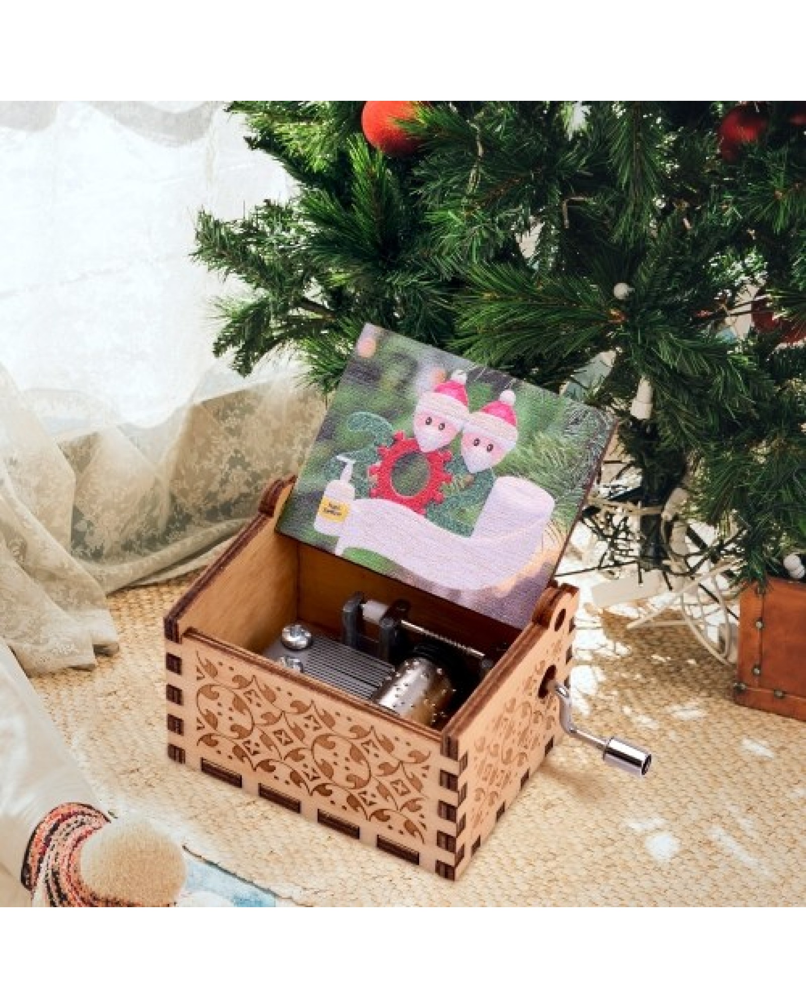 Mini Wooden Hand Crank Music Box with Vintage Engraved Patterns