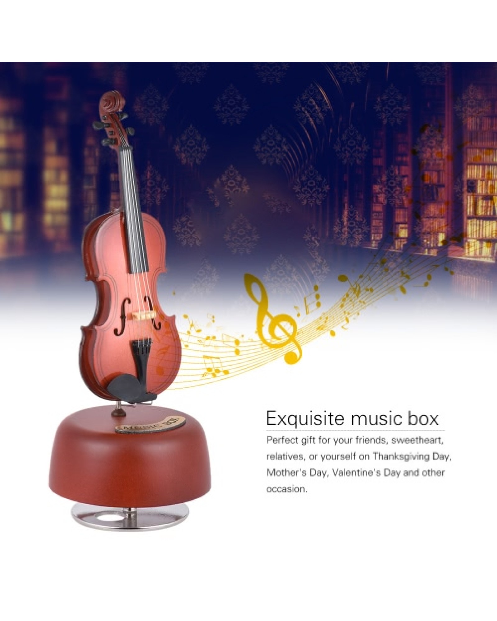 Classical Wind Up Violin Music Box with Rotating Musical Base Instrument Miniature Replica Artware Gift