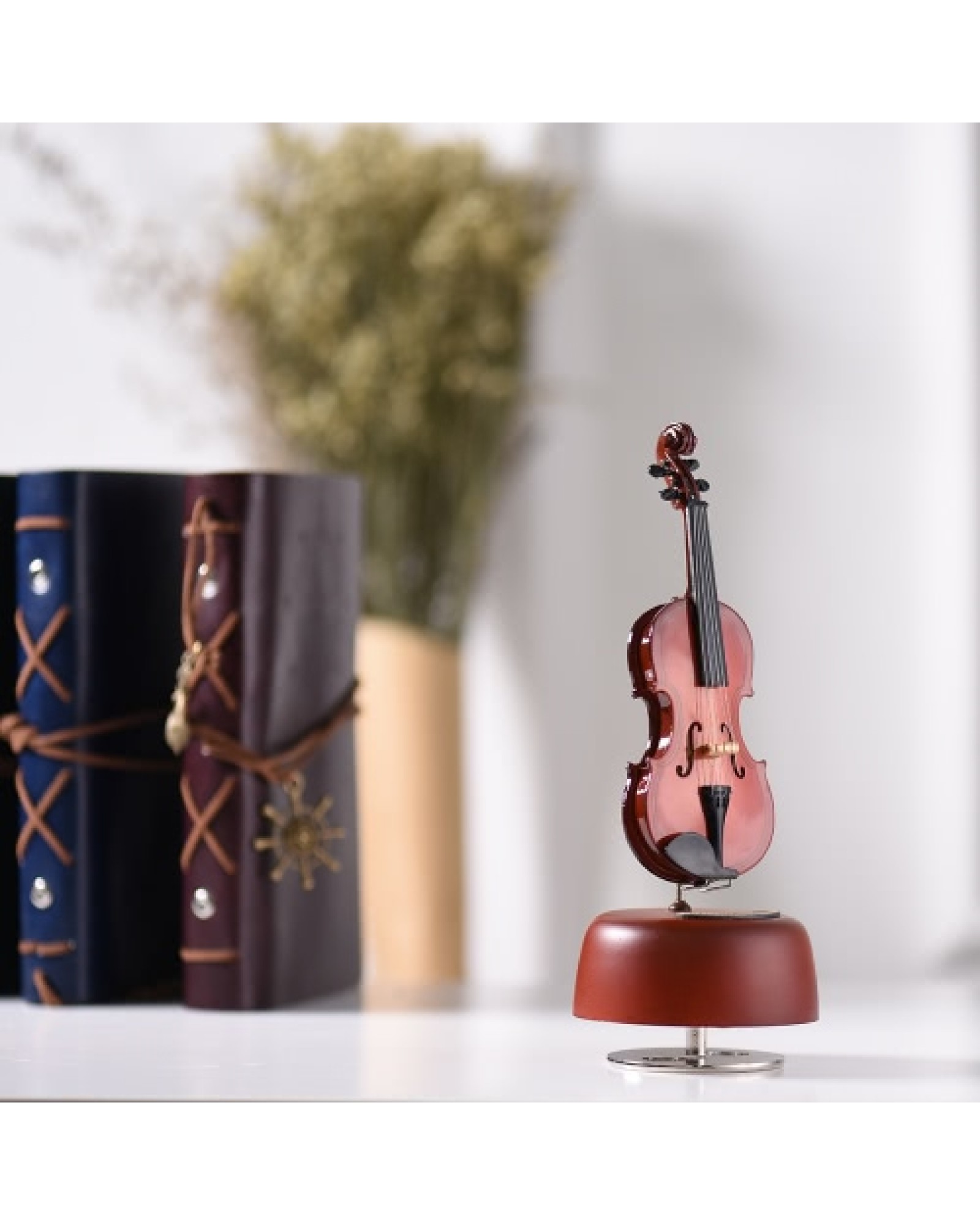 Classical Wind Up Violin Music Box with Rotating Musical Base Instrument Miniature Replica Artware Gift
