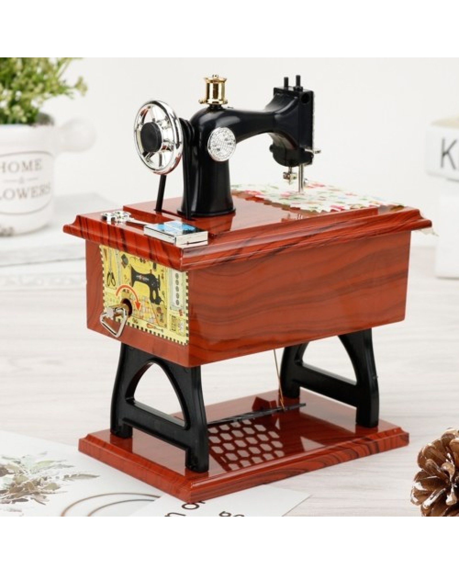 Mini Sewing Machine Music Box Retro Classical Treadle Sewing Machine Table Desk Mechanical Clockwork Music Machine