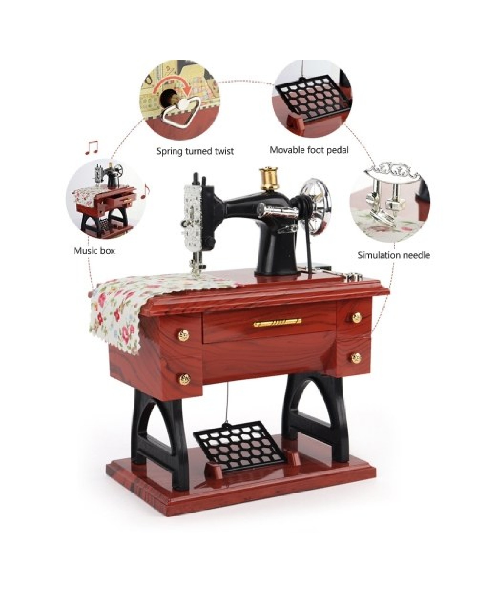 Mini Sewing Machine Music Box Retro Classical Treadle Sewing Machine Table Desk Mechanical Clockwork Music Machine