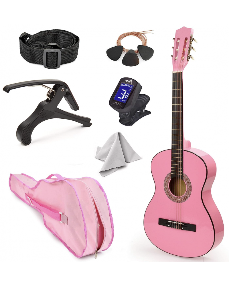 NEW! 30" Left Handed Pink Wood Guitar With Case and Accessories for Kids/Girls/Beginners (Pink)