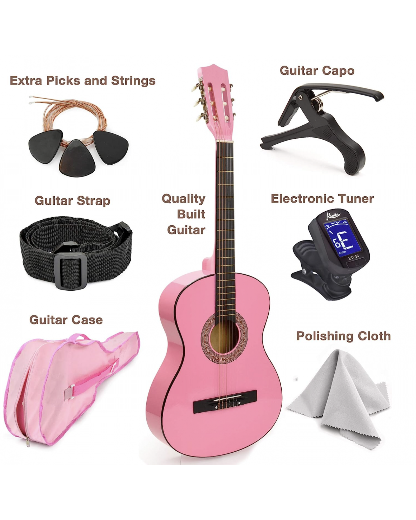NEW! 30" Left Handed Pink Wood Guitar With Case and Accessories for Kids/Girls/Beginners (Pink)